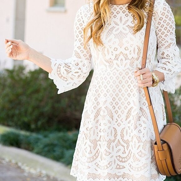 Eliza J White Lace Bell Sleeve Dress- Bridal Shower Dress- Size 10 - Picture 4 of 16